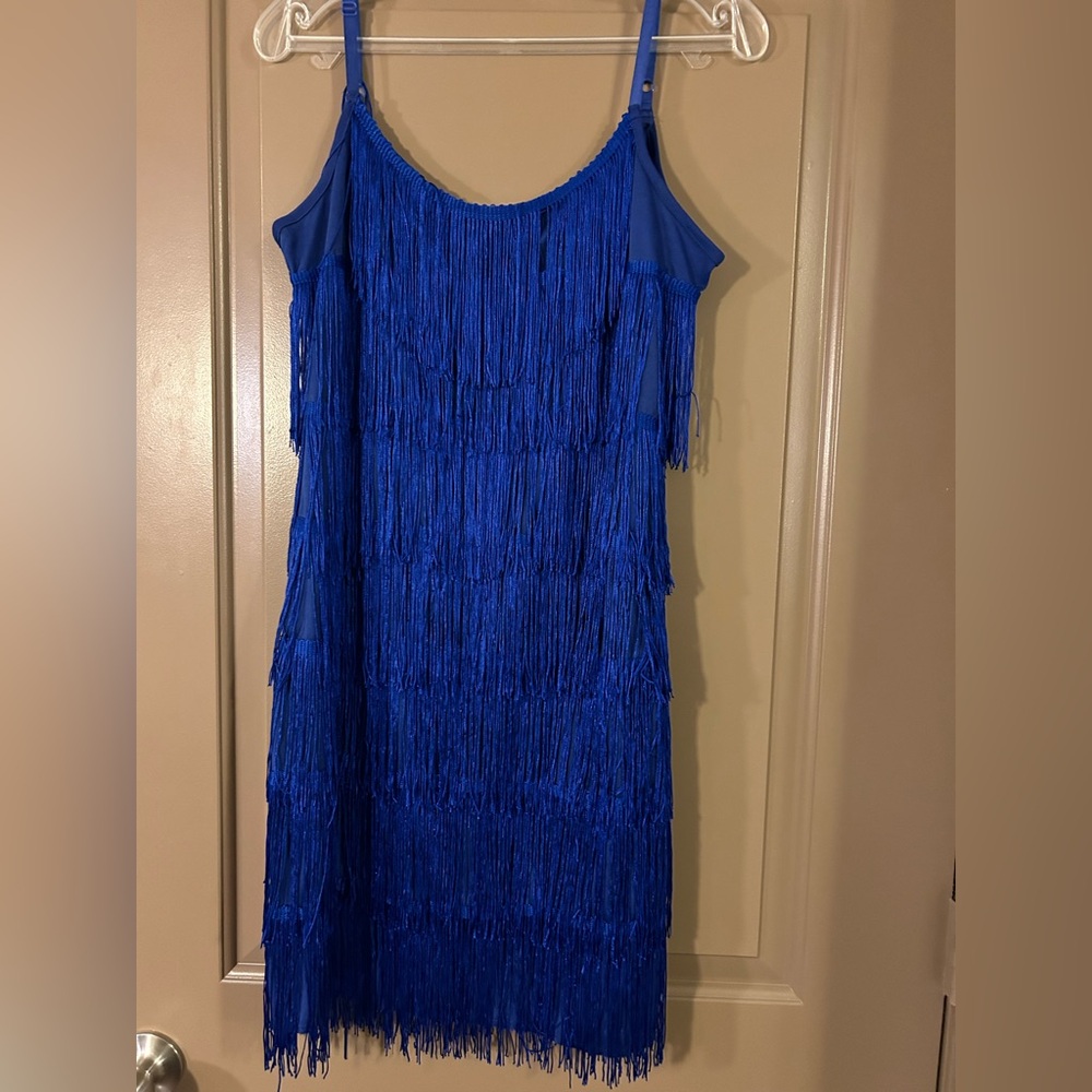 Blue Fringe Mini Dress - Spaghetti Strap Cocktail Dress - Picture 3 of 5